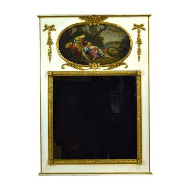 French Louis XV Style Hand Painted Trumeau Pier Mirror Lovers w Flock of Sheep 