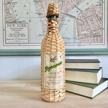 Roncoco Liqueur Vintage Bottle - 1960s - Wicker Casing, Puerto Rican Rum Bottle, Vintage Rum Bottle, Bar Decor, Man Cave, Bar Accessories 