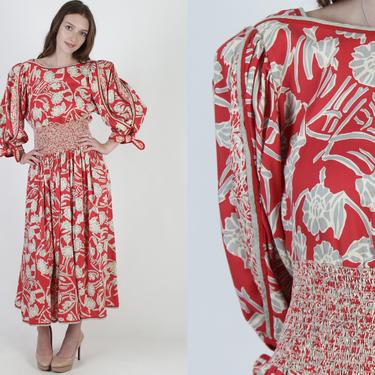 Jeanne Marc Dress / 80s Red Abstract Floral Dress / Puff Sleeve Hip Pockets Maxi Dress Size 10 