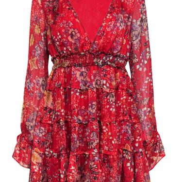 Free People - Red Floral V-Neck Tiered Shift Dress Sz M