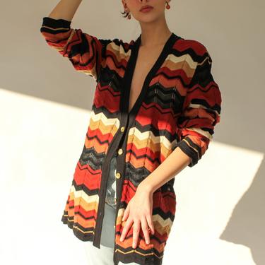 Vintage 80s SONIA RYKIEL PARIS Autumn Earthtone Zig Zag Knit Cardigan | Made in Italy | Wool &amp; Angora Blend | 1980s Missoni Style Sweater 