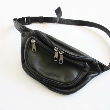Vintage Leather Fanny Pack - Black Leather Crossbody Bag -  90s Leather Purse - Leather Belt Bag  - 90s Bag Unisex Fannypack 