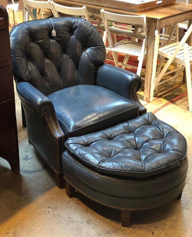 Hancock &amp; Moore Blue Leather tufted chair and ottoman with nailhead trim $995
