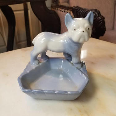 Vintage Ceramic Blue and White French Bulldog Ashtray, Ring Dish, or Change Dish 