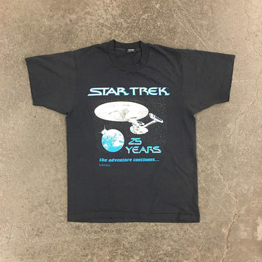 Vintage Star Trek Tee Retro Unisex Size Large 25 Years + The Adventure Continues + Black Cotton T Shirt + TV Memorabilia + Captain Picard 
