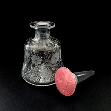 Large Cut Crystal Sterling Silver Pink Guilloche Perfume Bottle 