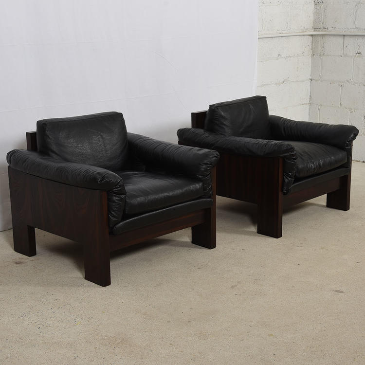 Pair of Danish Modern Rosewood Black Upholstered Lounge Chairs
