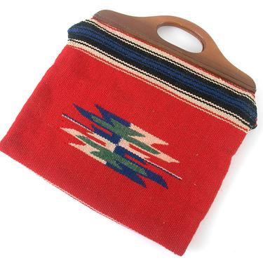 Vintage Purse | Chimayo Wool Blanket Handbag Hand Woven Red Wood Handle Southwestern Bag 