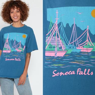 Seneca Falls Shirt Neon Sailboat Tshirt 1989 Puffy Paint Graphic Tee New York State 80s Tshirt Vintage Retro T Shirt 1980s Blue Small Medium 