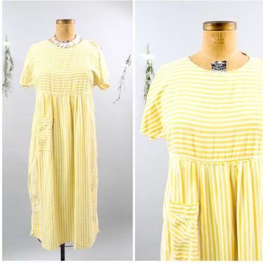 1980's Comfy Yellow Striped Dress in Size 12/14 