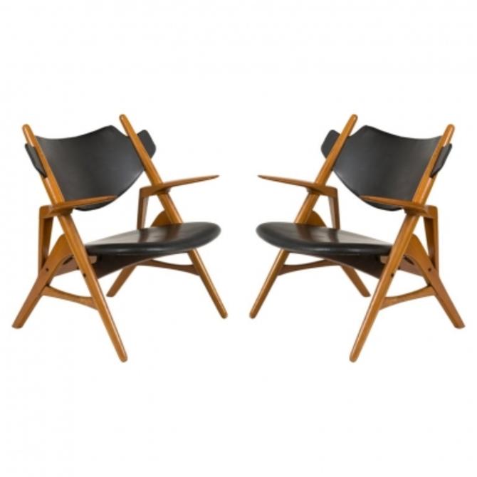 Scandinavian Modern Oak &amp; Leather Low Arm Chairs