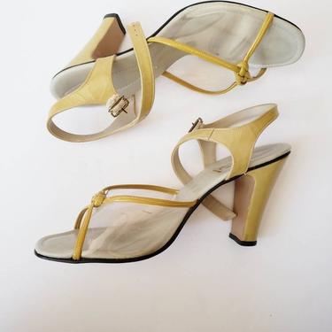 1960s Lucite Mary Janes Yellow Leather Frederick's of Hollywood / 60s Pinup Shoes Open Toe High Heeled Sandals / 7.5 