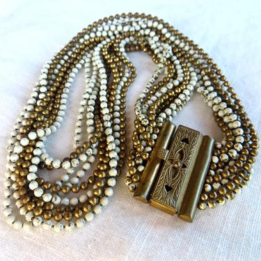 Vintage 1930's Art Deco Brass Ball Chain Multi Chain Necklace Choker Etched Box Clasp 