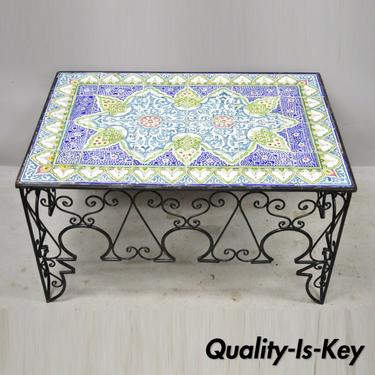Arts &amp; Crafts Ceramic California Tile Wrought Iron Coffee Table attr. Catalina