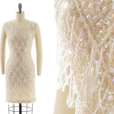 Vintage 1960s Party Dress | 60s Beaded Sequin Fringe Knit Cream Wool Wiggle Sheath Formal Evening Cocktail Gown (x-small/small) 