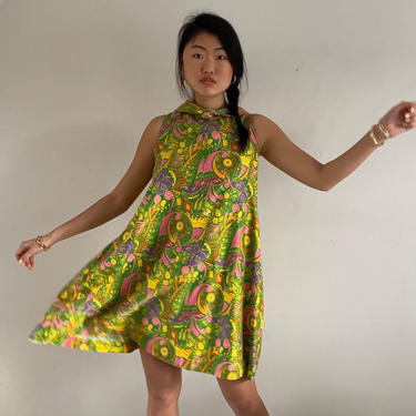 60s cotton swing dress / vintage chartreuse lime mod psychedelic butterfly print tent sleeveless mini dress sundress | S M 