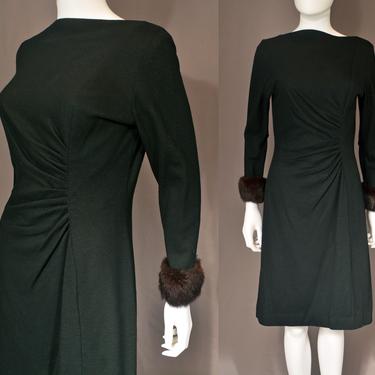 vintage 60s black dress 1960s fur trim pin up short ruched sweaterdress holiday party lbd classic mod wiggle S small 