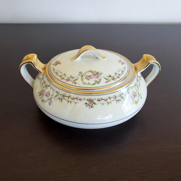 Antique Haviland Antoinette Sugar Bowl with Lid, Vintage Limoges Covered Sugar Bowl, Floral Rim, Black Lines, Gold Trim 
