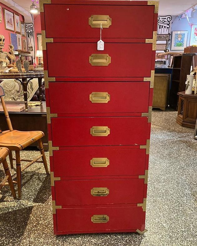 Red campaign chest. 7 drawers! 22.5” wide,16” deep, 52.5” tall. 