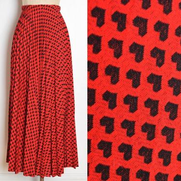 vintage 70s skirt red navy HEARTS pleated high waisted long maxi skirt XS S clothing full 