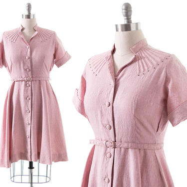Vintage 1950s Shirt Dress | 50s Sparkly Metallic Silver Pink Cotton Rhinestones Button Up Shirtwaist Day Dress (large) 