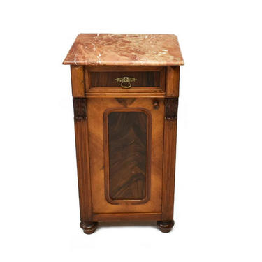 19th Century Continental Empire Bedside Cabinet Nightstand or End Table - Inlaid, Mixed Wood, Marble Top 