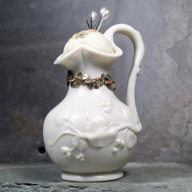 Delicate White Ceramic Pitcher Pin Cushion - Upcycled Vintage Dime Store Pitcher Turned Pin Cushion - Handmade  | FREE SHIPPING 