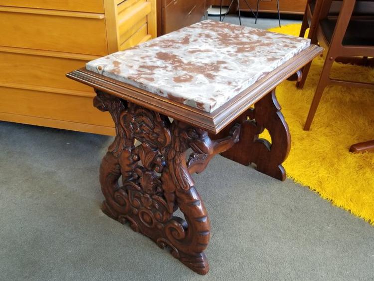 Antique carved side table with marble top