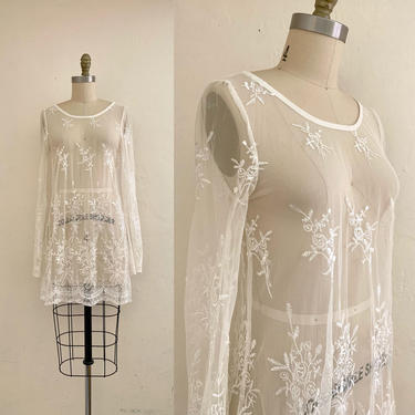 vintage 80's white floral lace sheer dress //  lace beach cover up 