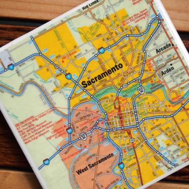 2006 Sacramento California Handmade Repurposed Map Coaster - Ceramic Tile - Repurposed 2000s National Geographic Atlas - Actual Map Used 