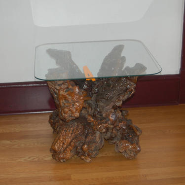 Mid Century Glass Top Sculptural Gnarly Burl Root Side Table ~ Adirondack Style Rustic Trunk Root Side Table ~ Handmade Burl Root Side Table 