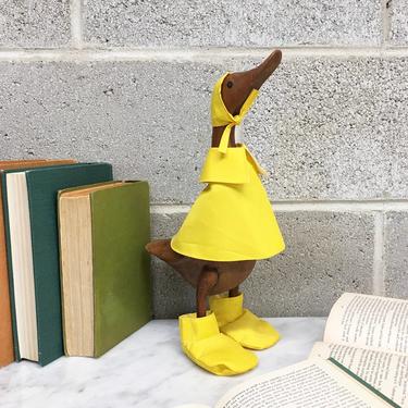 Vintage Statue Retro 1980s Hand Carved + Wooden Duck with Yellow Raincoat + Bamboo Root and Teak + Outdoor and Garden Decoration 