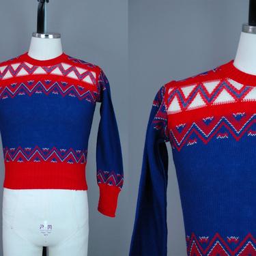 1950s Deadstock Sweater | Vintage 40s 50s Blue, Red, &amp; Cream Pullover | xs / small 