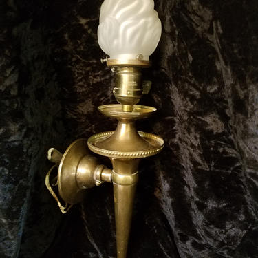 Vintage Brass Torch Sconce with Flame Shade. 4W x 18T x 6D