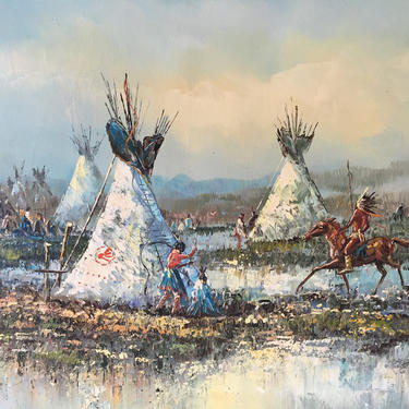 Native American Mid Century Modern Original Oil Painting, Impressionist, Impasto, Rustic Cabin Southwestern Lodge Decor, Signed Art 24&amp;quot;x36&amp;quot; 