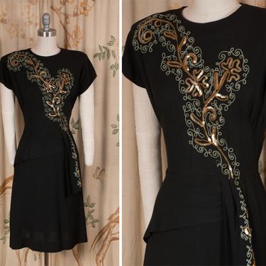 1940s Dress - Fabulous Black Rayon 40s Cocktail Dress with Golden Sequins and Pale Green Soutache Embellishment 