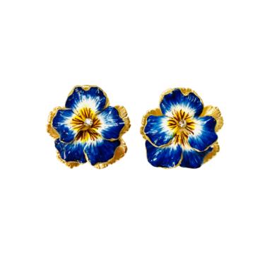 The Pink Reef hand formed hand painted navy and yellow pansy stud