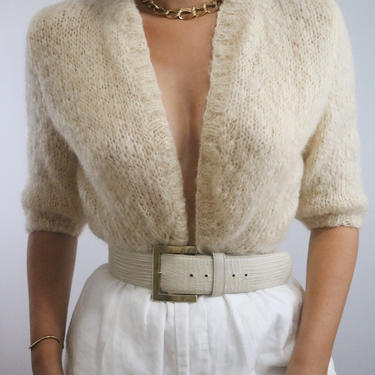 Vintage Cream Mohair + Wool Cropped Cardigan Cozy Sweater 