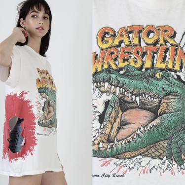 Vintage 80s Gator Wrestling / Panama City Beach / Alligator Attack Novelty Tee / Funny Crocodile Blood T Shirt 