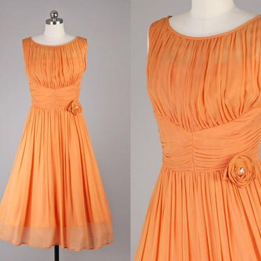 1950s Peach Chiffon Dress Beautiful Draping and Gathering 
