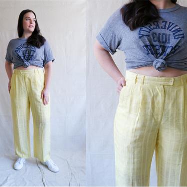 Vintage 90s Yellow Silk Trousers/ 1990s High Waisted Pleated Plaid Pants/ Size 36 plus size 