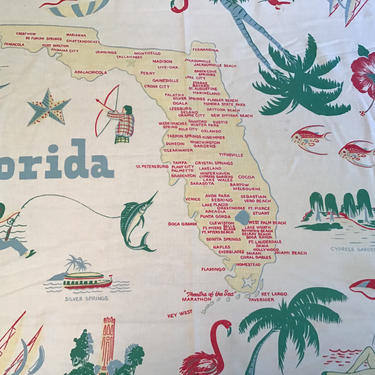 50s Tablecloth Florida Souvenir screen print vintage flamingo’s pinup girls map of Florida Rare 