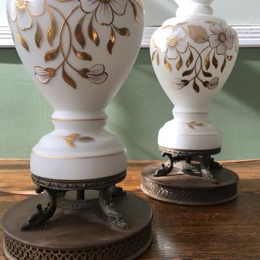 Vintage Pair White Glass Lamps Gold Floral Mid Century 