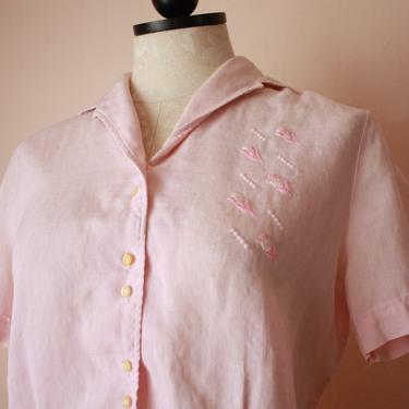 50s Ship n Shore Irish Linen Blouse Light Pink with Embroidery Size M 