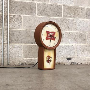 Vintage Miller High Life Wall Clock Retro 1970s Brown Faux Wood Casing + Lamp + Light+ Printed Graphics + Red + White + Beer Home Bar Decor 