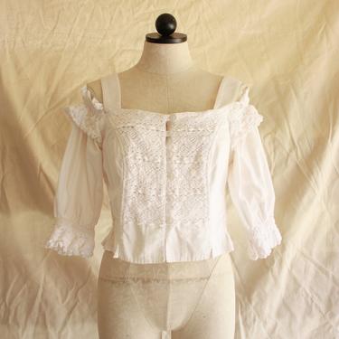 80s 90s Austrian Cropped Cold Shoulder Dirndl Blouse with Crocheting Size M 