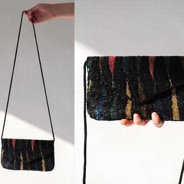 Vintage 70s 80s Black Beaded Envelope Shoulder Bag w/ Multi Color Stripe | Made in Macau | 1970s 1980s Bohemian Evening Crossbody Purse 