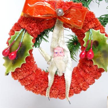 Antique Santa in Sisal Wreath Christmas Ornament, Hand Painted Clay Face, Chenille Body, Cotton Beard, Faux Feather Tree, Retro 