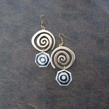 Big spiral earrings, geometric brass dangle earrings, boho chic, African Afrocentric earrings, tribal ethnic earrings, batik print bone 2 