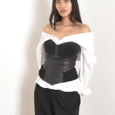 Vintage 1980s Bustier / 80s Leather Strapless Top / Black ( XS extra small ) 